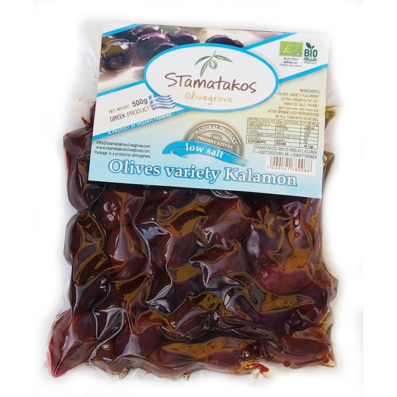 Masline Kalamata vidate cu continut redus de sare bio 500g Stamatakos Olivegrove
