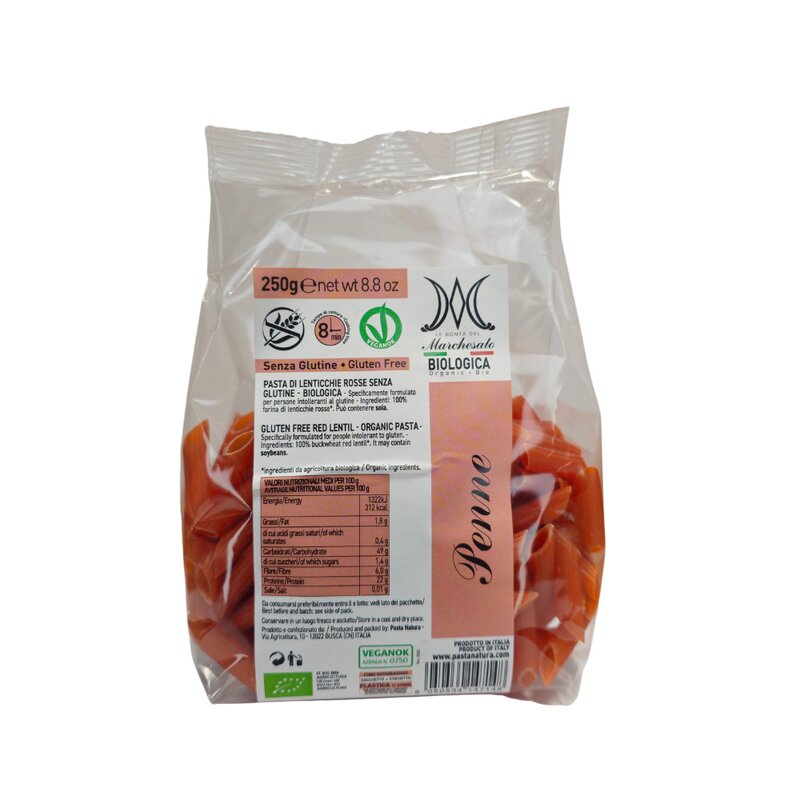 Penne din linte rosie bio fara gluten 250g Marchesato